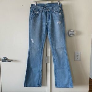 7 For All Mankind Low Rise Bootcut Jeans Light Wash Distressed Size 27